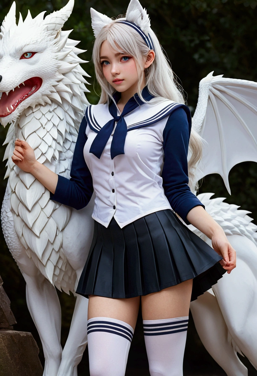 8k, resolution, high quality, high resolution, best quality, extremally detailed, best resolution, absurd resolution, ray tracing, high detailed, masterpiece, extremely detailed,shoulder length white hair, female,2 white wolf ears, teenage girl, slim body, white scale dragon tail,black boots,black leggings, navel blue school skirt, sailor shirt, white jacket, medium size chest, detailed blue eyes, detailed beautiful face,solo female,1 dragon tail, detailed eyes, dragon tail, white scales, 