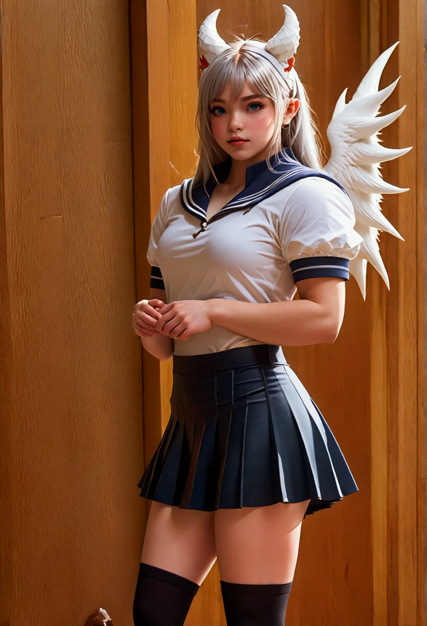 8k, resolution, high quality, high resolution, best quality, extremally detailed, best resolution, absurd resolution, ray tracing, high detailed, masterpiece, extremely detailed,shoulder length white hair, female,2 white wolf ears, teenage girl, slim body, white scale dragon tail,black boots,black leggings, navel blue school skirt, sailor shirt, white jacket, medium size chest, detailed blue eyes, detailed beautiful face,solo female,1 dragon tail, detailed eyes, dragon tail, white scales, 