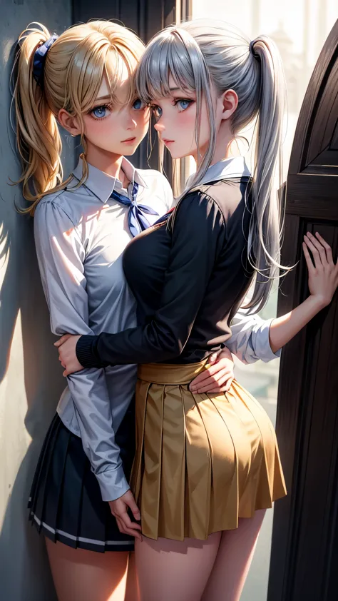 masterpiece, top quality , 18+, 2 young girls in school uniforms, innocent yet curious, body movements revealing a hint of matur...