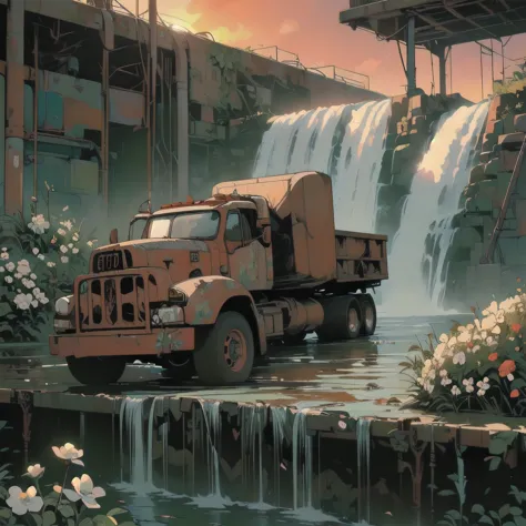 (((masterpiece, top quality))), (((32k wallpaper))), detailed machinery, abandoned factory, stairwell, (((white flower field))),...