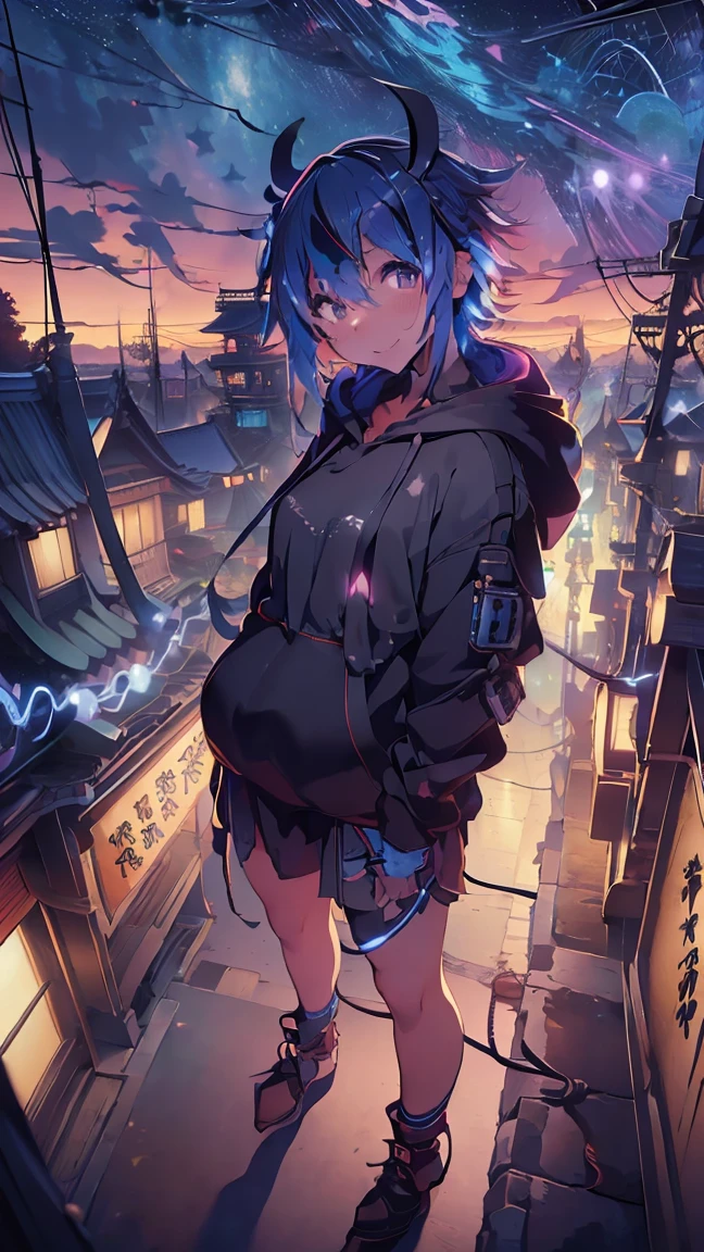 masterpiece, Highest quality, High resolution, Very detailed,(((Mikoto Naruka))), (((Town)))、(((electric wire)))、(((smile)))、(((Standing in the distance))), (((Wearing a black hoodie。))), Electric pole, night, (((Starry Sky)))