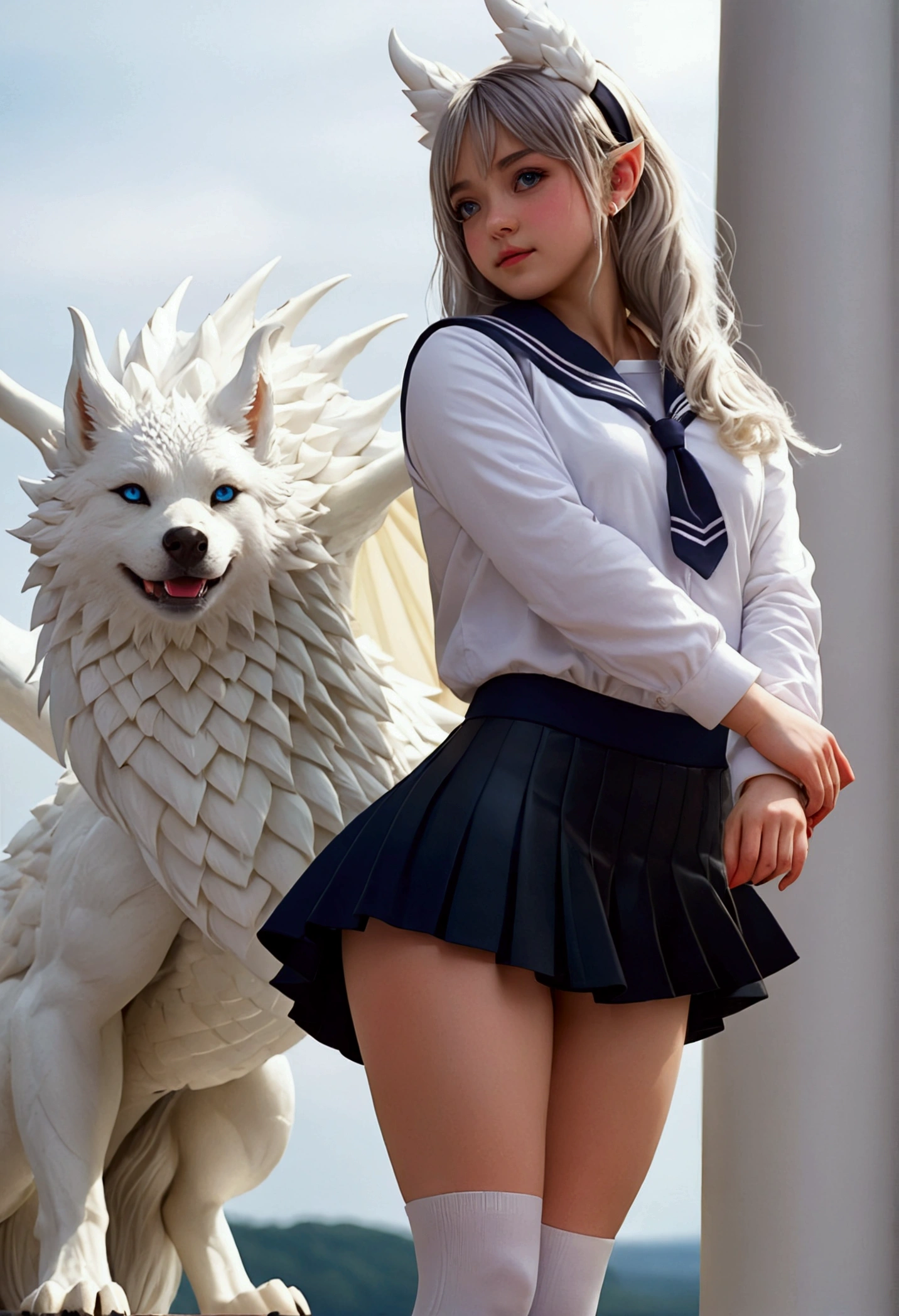 8k, resolution, high quality, high resolution, best quality, extremally detailed, best resolution, absurd resolution, ray tracing, high detailed, masterpiece, extremely detailed,shoulder length white hair, female,2 white wolf ears, teenage girl, dense athletic body, white scale dragon tail,black boots,black leggings, navel blue school skirt, sailor shirt, white jacket, medium size chest, detailed blue eyes, detailed beautiful face,solo female,1 dragon tail, detailed eyes, dragon tail, white scales, 