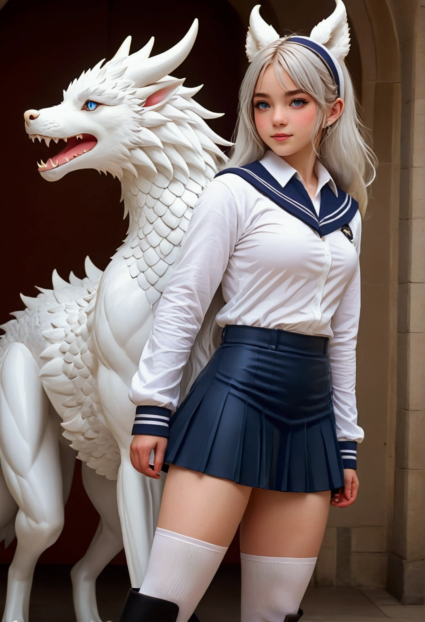 8k, resolution, high quality, high resolution, best quality, extremally detailed, best resolution, absurd resolution, ray tracing, high detailed, masterpiece, extremely detailed,shoulder length white hair, female,2 white wolf ears, teenage girl, dense athletic body, white scale dragon tail,black boots,black leggings, navel blue school skirt, sailor shirt, white jacket, medium size chest, detailed blue eyes, detailed beautiful face,solo female,1 dragon tail, detailed eyes, dragon tail, white scales, 