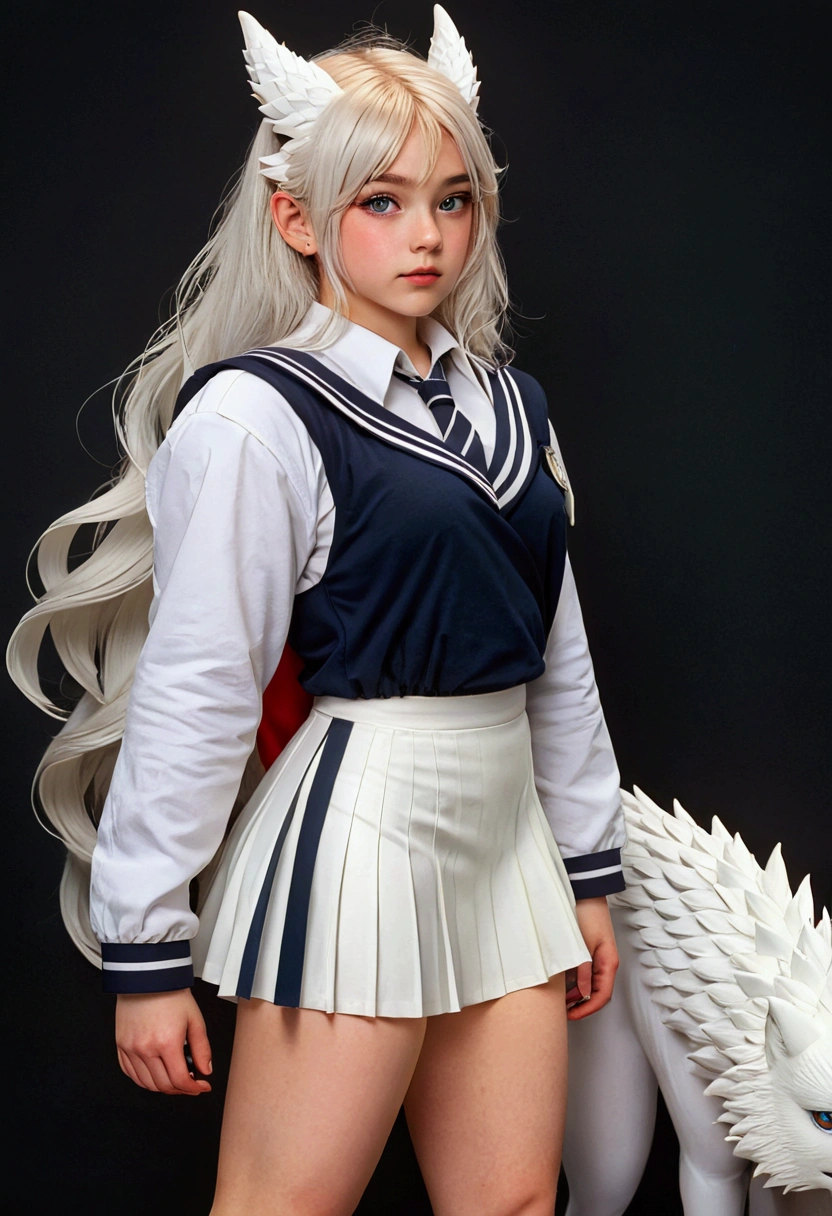 8k, resolution, high quality, high resolution, best quality, extremally detailed, best resolution, absurd resolution, ray tracing, high detailed, masterpiece, extremely detailed,shoulder length white hair, female,2 white wolf ears, teenage girl, dense athletic body, white scale dragon tail,black boots,black leggings, navel blue school skirt, sailor shirt, white jacket, medium size chest, detailed blue eyes, detailed beautiful face,solo female,1 dragon tail, detailed eyes, dragon tail, white scales, 