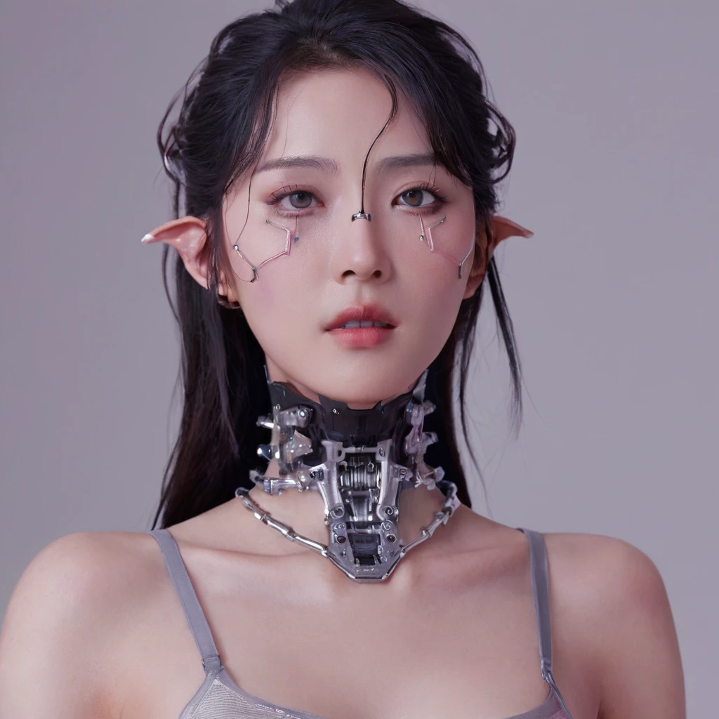 A stunning 4K photo-realistic image of a cyberpunk demi-human girl with an Asian face. Her visage is adorned with intricate machine implants, including a sleek silver visor that covers her eyes, revealing only a small slit for vision. These implants enable advanced sensory input and communication with her cybernetic systems.

Her skin is pale, with visible scars that tell a story of her past battles and a faint line where her flesh meets the cold metal of her implants. The seams are barely noticeable, indicating skilled integration between her organic and mechanical components.

Her hair is black, spiked up in an aggressive yet stylish manner. Small LED lights are integrated into the strands, flickering with various colors to match her mood. The hair is a statement piece, reflecting her rebellious spirit. The overall atmosphere of the image is captivating, photo, her body is embedded with mechanical implants under the skin, cyborg arms,  cyberware lines embedded in her face, , (Photorealsitic)、(intricate detailes:1.2)、(​masterpiece、:1.3)、beauty face, (top-quality:1.4)、(超A high resolution:1.2)、超A high resolution、(A detailed eye)、(detailed facial features), ((Realistic lighting、top-quality、8K、natural light, ​masterpiece:1.3))、bright photo, Clear focus:1.2、1girl in、flawless beauty:1.4、Superfine Face、big Narrow-eyed、double eyelid、photos realistic, perfect eyes, perfect skin, detailed skin, detailed face, looking viewer, front view, potrait, raw photo, simple soft pink background, (intricate detailed skin textured:1.4) front view, looking viewer, clear face, 1 girl、porate、Bright and very beautiful face、beautiful girl, A stunning close-up portrait showcasing the beauty of a Korean model. The composition features soft, natural lighting , bright eyes, and striking cheekbones.