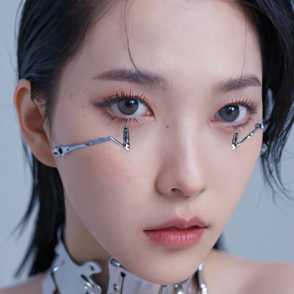 A stunning 4K Фото-realistic image of a cyberpunk demi-human girl with an Asian face. Ее лицо украшено сложными машинными имплантатами., включая гладкий серебряный козырек, закрывающий глаза, открывая лишь небольшую щель для зрения. Эти имплантаты обеспечивают расширенный сенсорный ввод и связь с ее кибернетическими системами..

Ее кожа бледная, с видимыми шрамами, рассказывающими историю ее прошлых сражений, и слабой линией, где ее плоть встречается с холодным металлом ее имплантатов.. Швы едва заметны, что указывает на умелую интеграцию между ее органическими и механическими компонентами..

Ее волосы черные, оформлено в агрессивной, но стильной манере. Маленькие светодиодные фонарики интегрированы в пряди., мерцает разными цветами, чтобы соответствовать ее настроению. Волосы – это эффектная вещь, отражающий ее мятежный дух. Общая атмосфера изображения завораживает., Фото, в ее тело встроены механические имплантаты под кожу, Киборгские руки,  линии киберпрограммы, встроенные в ее лицо, , (Фотореалистический)、(сложные детали:1.2)、(шедевр、:1.3)、Красота лица, (высшее качество:1.4)、(超Высокое разрешение:1.2)、超Высокое разрешение、(Подробный глаз)、(подробные черты лица), ((реалистичное освещение、высшее качество、8К、естественный свет, шедевр:1.3))、bright Фото, Четкий фокус:1.2、1 девушка в、безупречная красота:1.4、Идеальное лицо、большой Узкоглазый、двойное веко、Фотоs realistic, прекрасные глаза, идеальная кожа, детальный скин, подробное лицо, смотрящий зритель, передний план, портрет, raw Фото, Простой мягкий розовый фон, (intricate детальный скин textured:1.4) передний план, смотрящий зритель, ясное лицо, 1 девочка、пората、Яркое и очень красивое лицо、красивая девушка, Потрясающий портрет крупным планом, демонстрирующий красоту корейской модели.. Композиция отличается мягким, естественный светing , Яркие глаза, и поразительные скулы.