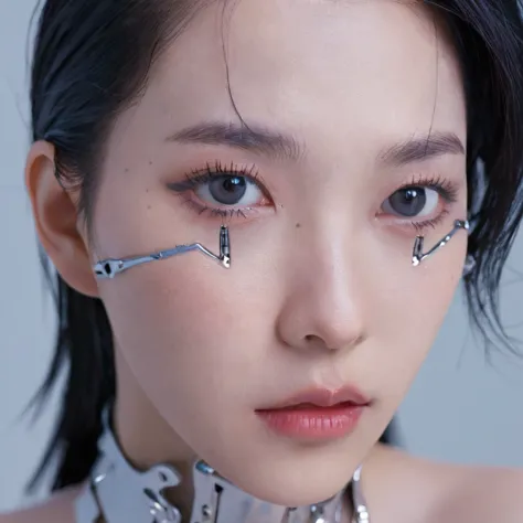 A stunning 4K photo-realistic image of a cyberpunk demi-human girl with an Asian face. Her visage is adorned with intricate mach...