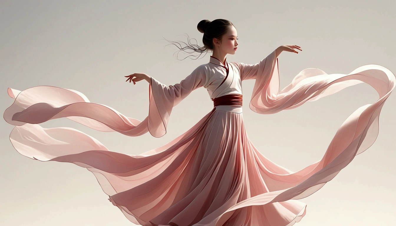 Dance photography；A dancer，Solitary；A little girl in a gorgeous long dress，Princess dress，Chinese style skirt，pink，Conservative style，Smudged skirt hem；The movements of the dance；elegant，Flexible skirt；Long hair shawl。Full body view，front； Simple style；Minimalism。White background，Pure white background；Panoramic photography；Depth of Field, Extraordinary details, masterpiece, high quality, 4K，cinematic lighting, motion blur, depth of field, sparkle, ray tracing, reflection light, anatomically correct, uhd, textured skin, best quality, super detail, highres, high details, accurate, high quality, award winning。