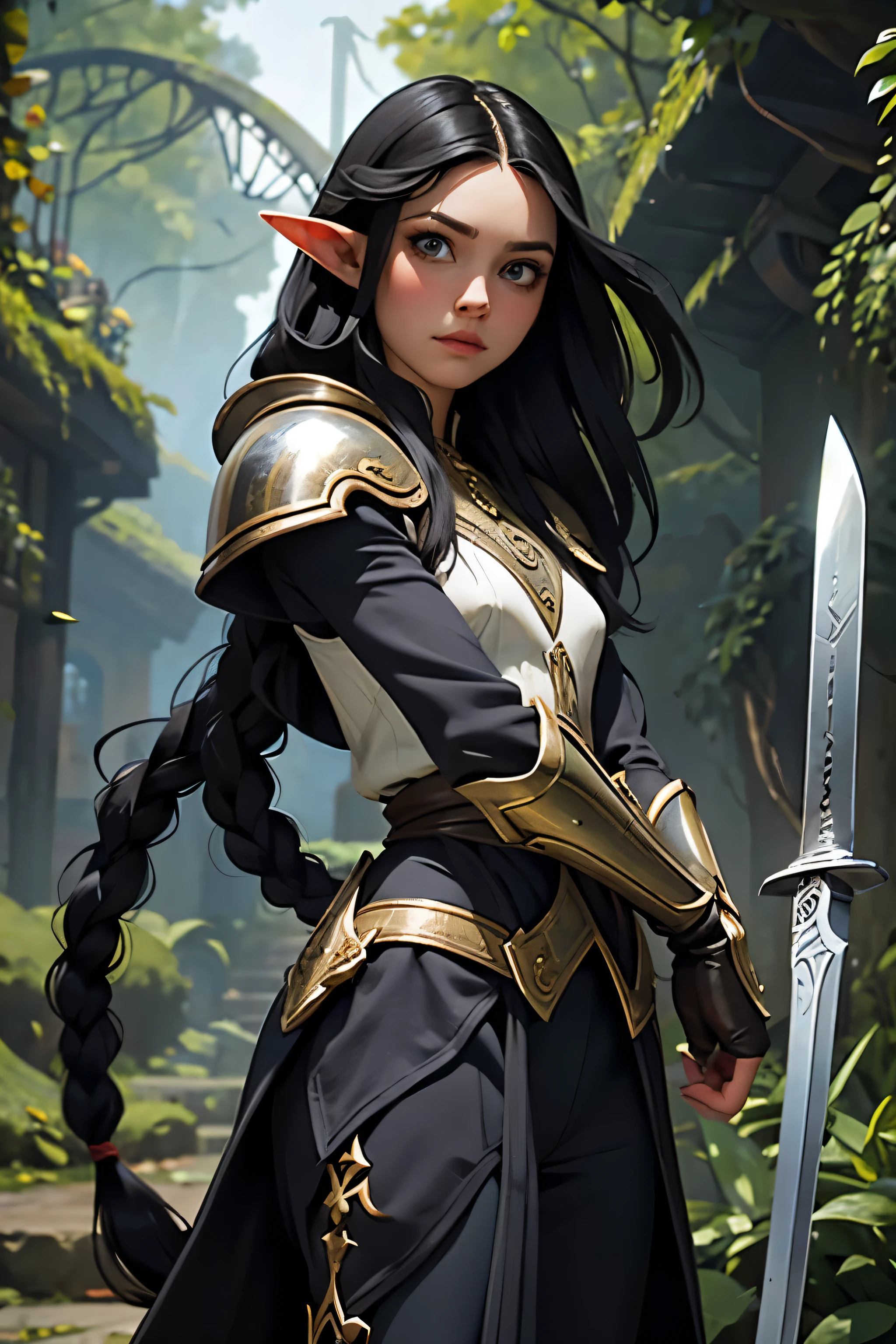 1 elf female,long silky black hair in braids,orelhas pontudas,olhos azuis, thin lips,rosto redondo,seios enormes, quadris largos,wearing light elven battle armor and always with a thin-bladed sword in his hands.estilo coquete e melindrosa ,dentro de um tunel escuro