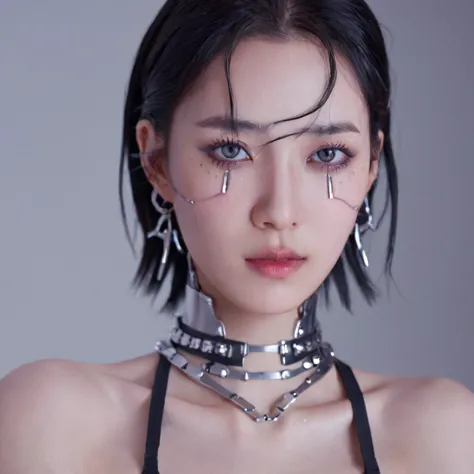 a stunning 4k photo-realistic image of a cyberpunk demi-human girl with an asian face. her visage is adorned with intricate mach...