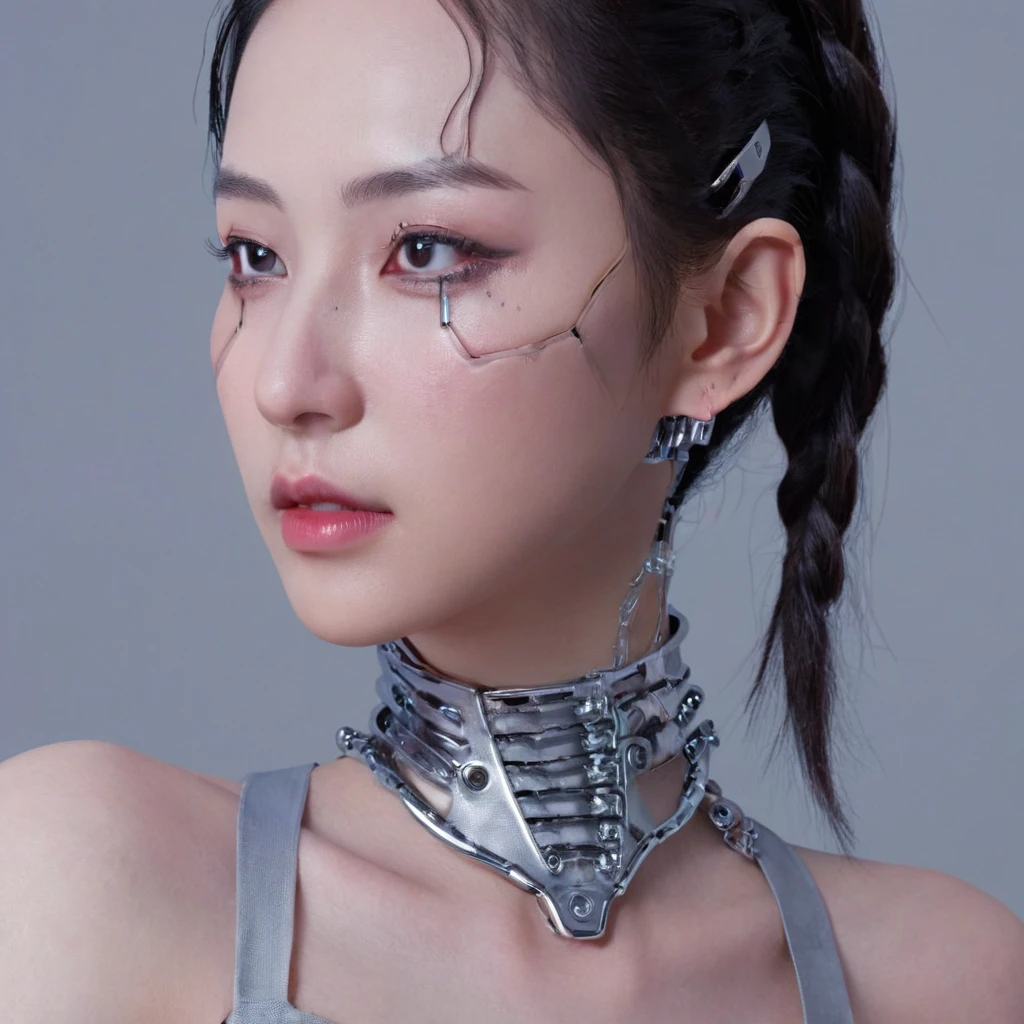 A stunning 4K photo-realistic image of a cyberpunk demi-human girl with an Asian face. Her visage is adorned with intricate machine implants, including a sleek silver visor that covers her eyes, revealing only a small slit for vision. These implants enable advanced sensory input and communication with her cybernetic systems.

Her skin is pale, with visible scars that tell a story of her past battles and a faint line where her flesh meets the cold metal of her implants. The seams are barely noticeable, indicating skilled integration between her organic and mechanical components.

Her hair is black, spiked up in an aggressive yet stylish manner. Small LED lights are integrated into the strands, flickering with various colors to match her mood. The hair is a statement piece, reflecting her rebellious spirit. The overall atmosphere of the image is captivating, photo, her body is embedded with mechanical implants under the skin, cyborg arms,  cyberware lines embedded in her face, , (Photorealsitic)、(intricate detailes:1.2)、(​masterpiece、:1.3)、beauty face, (top-quality:1.4)、(超A high resolution:1.2)、超A high resolution、(A detailed eye)、(detailed facial features), ((Realistic lighting、top-quality、8K、natural light, ​masterpiece:1.3))、bright photo, Clear focus:1.2、1girl in、flawless beauty:1.4、Superfine Face、big Narrow-eyed、double eyelid、photos realistic, perfect eyes, perfect skin, detailed skin, detailed face, looking viewer, front view, potrait, raw photo, simple soft pink background, (intricate detailed skin textured:1.4) front view, looking viewer, clear face, 1 girl、porate、Bright and very beautiful face、beautiful girl, A stunning close-up portrait showcasing the beauty of a Korean model. The composition features soft, natural lighting , bright eyes, and striking cheekbones. wearing armor implant