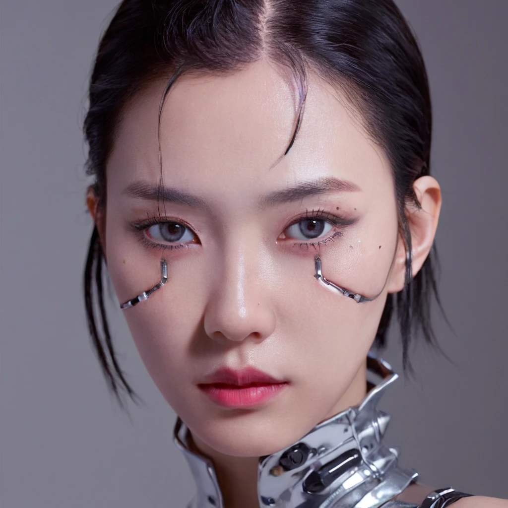 A stunning 4K Фото-realistic image of a cyberpunk demi-human girl with an Asian face. Ее лицо украшено сложными машинными имплантатами., включая гладкий серебряный козырек, закрывающий глаза, открывая лишь небольшую щель для зрения. Эти имплантаты обеспечивают расширенный сенсорный ввод и связь с ее кибернетическими системами..

Ее кожа бледная, с видимыми шрамами, рассказывающими историю ее прошлых сражений, и слабой линией, где ее плоть встречается с холодным металлом ее имплантатов.. Швы едва заметны, что указывает на умелую интеграцию между ее органическими и механическими компонентами..

Ее волосы черные, оформлено в агрессивной, но стильной манере. Маленькие светодиодные фонарики интегрированы в пряди., мерцает разными цветами, чтобы соответствовать ее настроению. Волосы – это эффектная вещь, отражающий ее мятежный дух. Общая атмосфера изображения завораживает., Фото, в ее тело встроены механические имплантаты под кожу, Киборгские руки,  линии киберпрограммы, встроенные в ее лицо, , (Фотореалистический)、(сложные детали:1.2)、(шедевр、:1.3)、Красота лица, (высшее качество:1.4)、(超Высокое разрешение:1.2)、超Высокое разрешение、(Подробный глаз)、(подробные черты лица), ((реалистичное освещение、высшее качество、8К、естественный свет, шедевр:1.3))、bright Фото, Четкий фокус:1.2、1 девушка в、безупречная красота:1.4、Идеальное лицо、большой Узкоглазый、двойное веко、Фотоs realistic, прекрасные глаза, идеальная кожа, детальный скин, подробное лицо, смотрящий зритель, передний план, портрет, raw Фото, Простой мягкий розовый фон, (intricate детальный скин textured:1.4) передний план, смотрящий зритель, ясное лицо, 1 девочка、пората、Яркое и очень красивое лицо、красивая девушка, Потрясающий портрет крупным планом, демонстрирующий красоту корейской модели.. Композиция отличается мягким, естественный светing , Яркие глаза, и поразительные скулы. ношение импланта брони