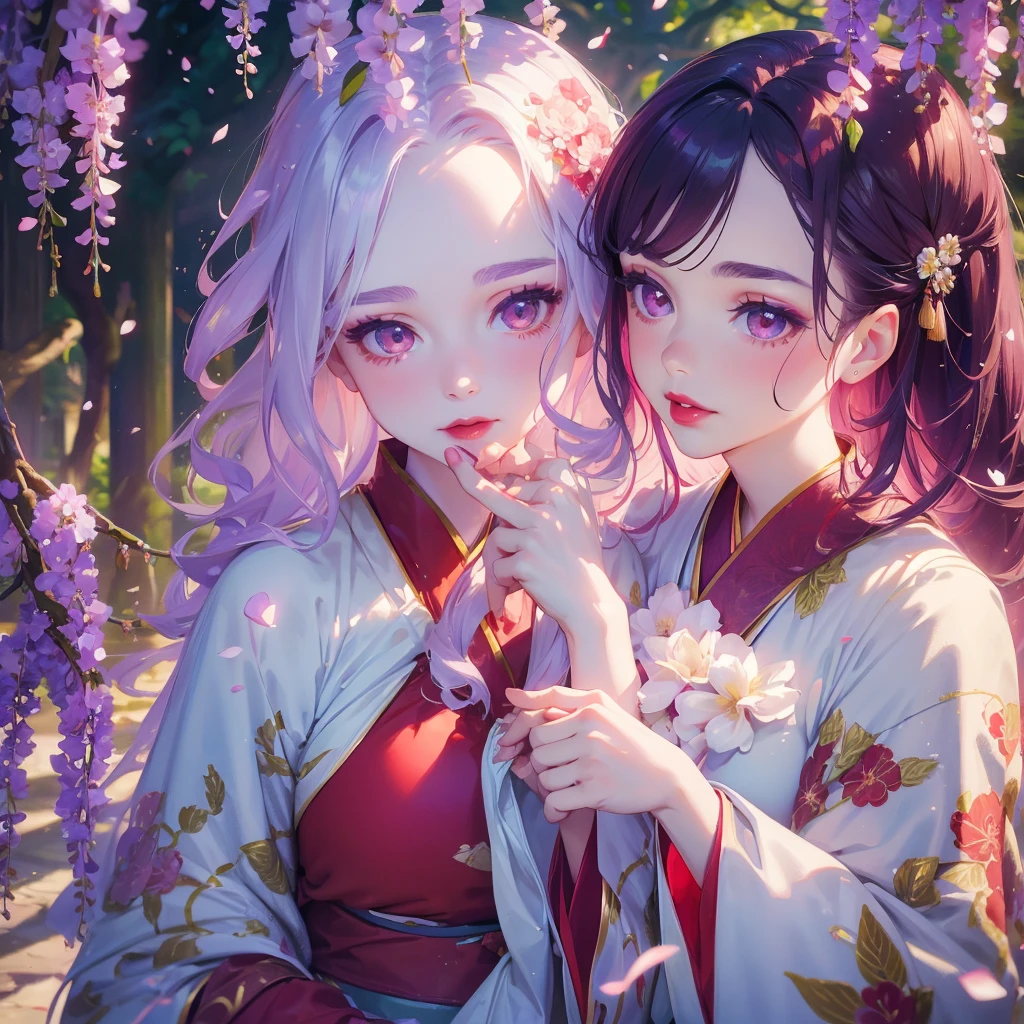 portrait of 1 beautiful woman under wisteria,close face,  wavy hair, pale skin, makeup, red lips, sitting, kissing flowers, , kimono, hanfu, floral print, (Beautifully Aesthetic:1.2),field, wisteria, peace, tranquility, serenity, petals