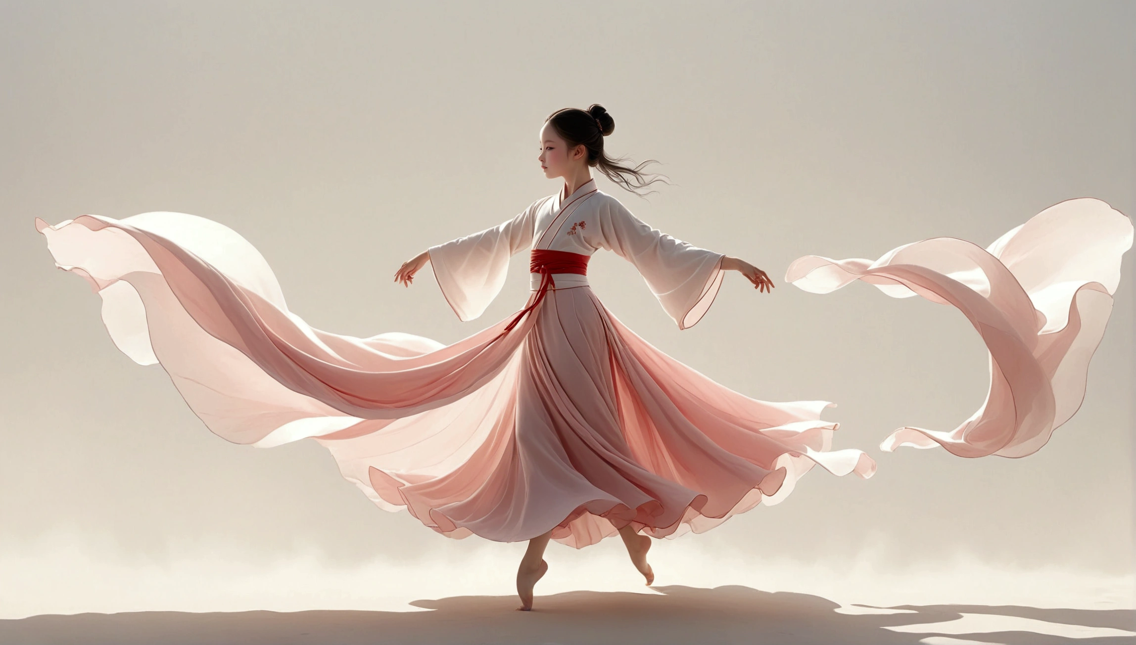 Dance photography；A dancer，Solitary；A little girl in a gorgeous long dress，Princess dress，Chinese style skirt，pink，Conservative style，Smudged skirt hem；The movements of the dance；elegant，Flexible skirt；Long hair shawl。Full body view，front； Simple style；Minimalism。White background，Pure white background；Panoramic photography；Depth of Field, Extraordinary details, masterpiece, high quality, 4K，cinematic lighting, motion blur, depth of field, sparkle, ray tracing, reflection light, anatomically correct, uhd, textured skin, best quality, super detail, highres, high details, accurate, high quality, award winning。