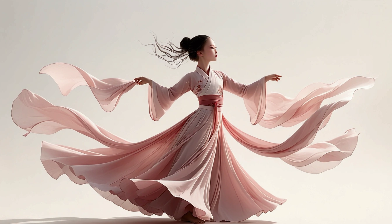 Dance photography；A dancer，Solitary；A little girl in a gorgeous long dress，Princess dress，Chinese style skirt，pink，Conservative style，Smudged skirt hem；The movements of the dance；elegant，Flexible skirt；Long hair shawl。Full body view，front； Simple style；Minimalism。White background，Pure white background；Panoramic photography；Depth of Field, Extraordinary details, masterpiece, high quality, 4K，cinematic lighting, motion blur, depth of field, sparkle, ray tracing, reflection light, anatomically correct, uhd, textured skin, best quality, super detail, highres, high details, accurate, high quality, award winning。