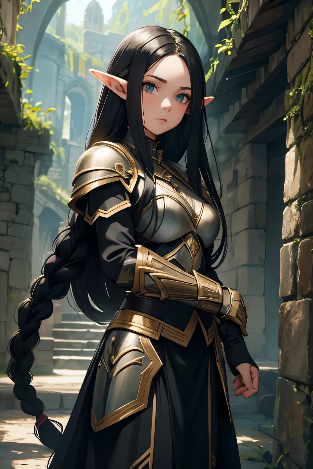 1 young elf female girl,long silky black hair in braids,orelhas pontudas,olhos azuis, thin lips,rosto redondo,seios enormes, quadris largos,wearing light elven battle armor .estilo coquete e melindrosa ,dentro de um tunel escuro