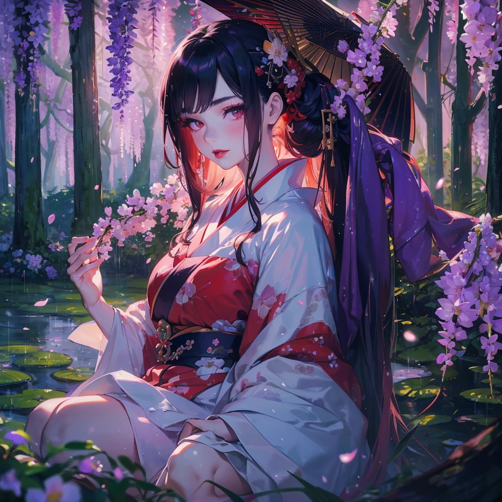 portrait of 1 beautiful geisha in the wisteria forest, raining, dark night, wavy hair, pale skin, makeup, red lips, sitting, kissing flowers, , kimono, hanfu, floral print, (Beautifully Aesthetic:1.2),field, wisteria, peace, tranquility, serenity, petals