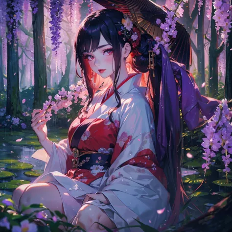 portrait of 1 beautiful geisha in the wisteria forest, raining, dark night, wavy hair, pale skin, makeup, red lips, sitting, kis...