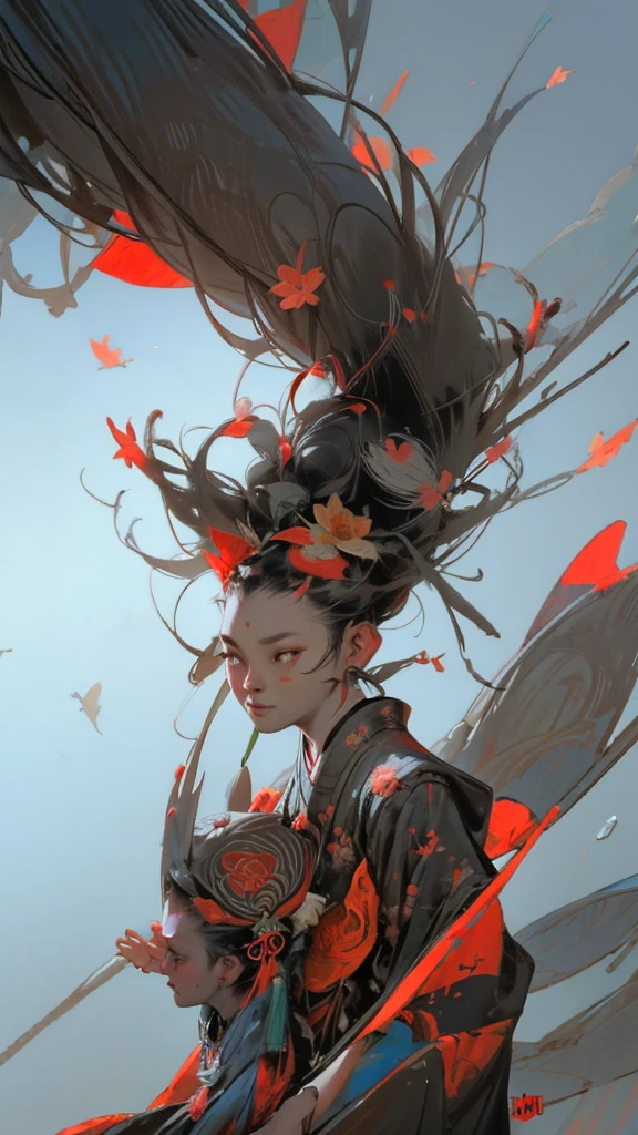 la plus haute qualité, pixiv, cheveux noirs, ornements de cheveux, kimono, hair fleur, fleur, kimono, masque, Une fille, Séance, cheveux longs, avec mes propres mains, Visualisez vos spectateurs, 6+garçon, prier, multiple garçon, Impression de motifs de fleurs, manches larges, clair-obscur, Éclairage cinématographique, (chef-d&#39;œuvre:1.2), UHD, détails élevés, Meilleure qualité, haute résolution, 8k