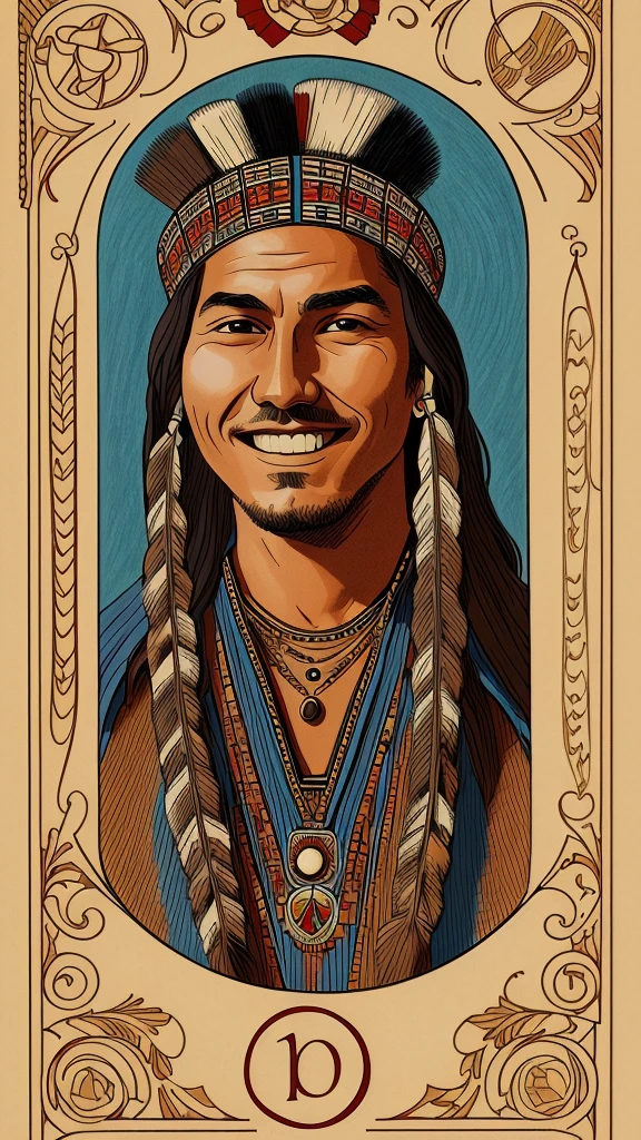 mejor calidad, Alta resolución, obra prima, Sacando la carta del loco del tarot, con un número 0 en romano, inspirado en nativo americano, sonriente.