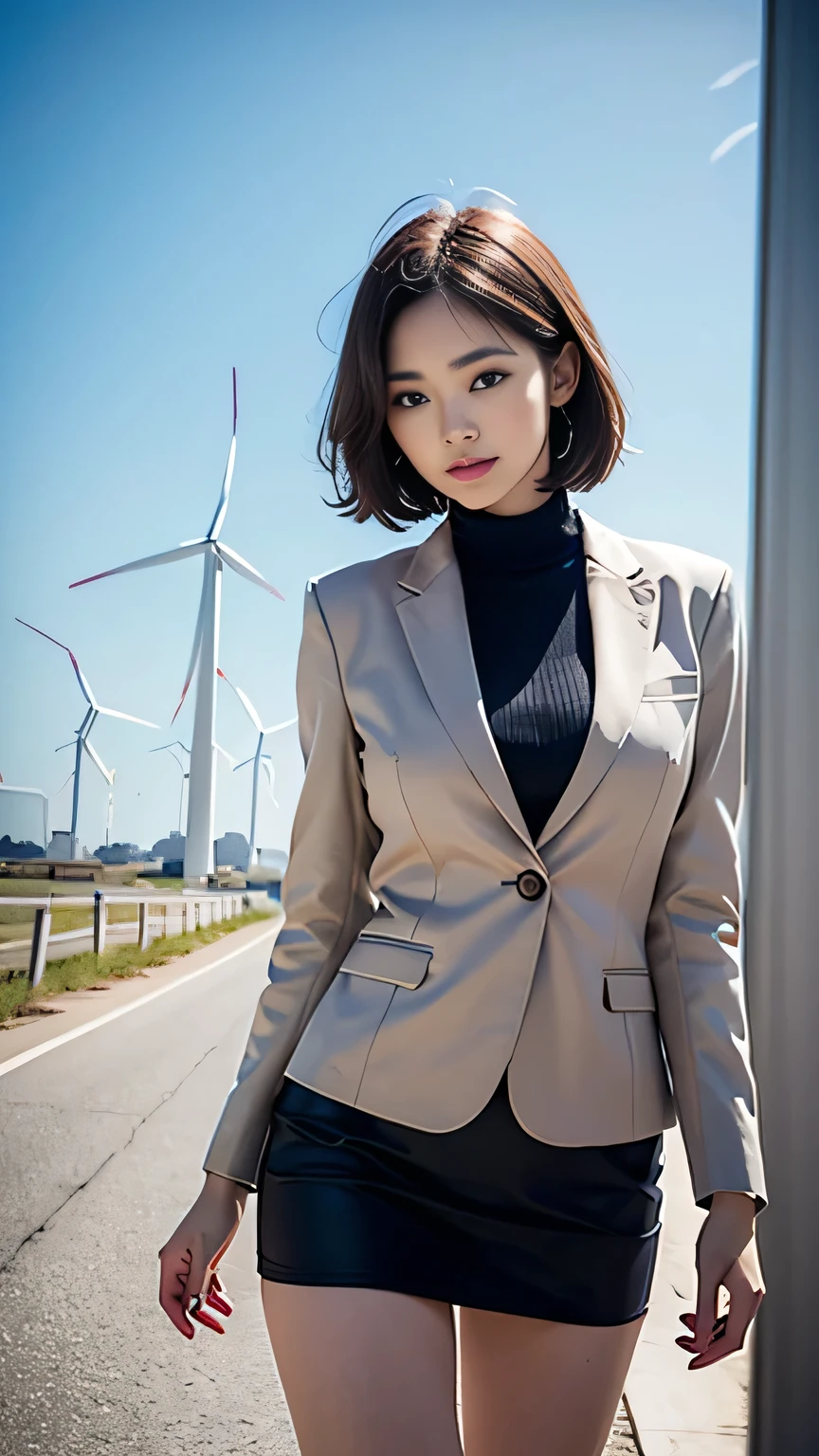 RAW Photos, 1 girl, Unbelievably absurd, 30 years old, beautiful girl, (cute), (short hair), photo shoot, Realistic, Depth of written border, High resolution, Very detailedな, delicate, Very detailed, Very detailedな目と顔, Sharp pupils, Realistic Office Lady, Sharp focus, LED lighting, Eye and facial details, (Velvet Blazer), mini skirt, Cowboy shot full body, (Wind power increase:1.5), Camel Toe, Take the documents and get on the elevator, A seductive gaze, Inner thighs, (A big bust that seems to burst), close, Perfect body