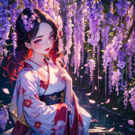 portrait of 1 beautiful geisha in the wisteria forest,  dark night, wavy hair, pale skin, makeup, red lips, , kimono, hanfu, flo...