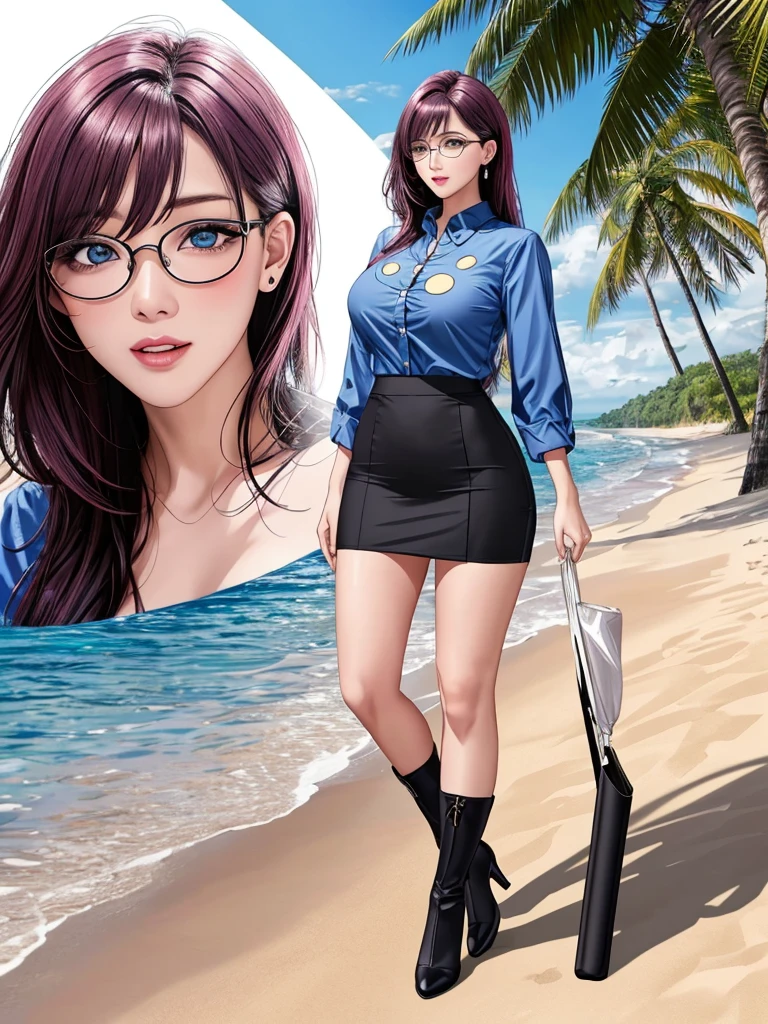 office lady, high resolution, Masterpiece, Anatomically correct, Highly detailed, realistic textures, blushing, dark purple hair, , big breasts, BIG ASS, woman is walking on beach, night sky, aurora and stars and coconut tree background, deep blue shirt, black short skirt, full body, pink lips, sexy lady, shadow on beach, wear black stocking, long hair, realistic textures, high resolutionสุด, very detailed, quality, ปัดแก้มอ่อนๆ, จ้องมอง, มองที่ผู้ชม, close-fiting, wear eyeglasses, NSFW, Colorful light lighting, sharp focus, fine skin, highest quality, Ultra - High resolution, Super high resolution, Highly detailed CG, theme, full body shot, beautiful blue eyes、(Detailed face and iace:1 2)、Clean pupils、almond eye), (gross、glossy lips、 size) 、(oval face : 1.4)、(thin fingers、fine arms、detailed human hand)、laughter, มัดผม, ผมยาวมากๆ,