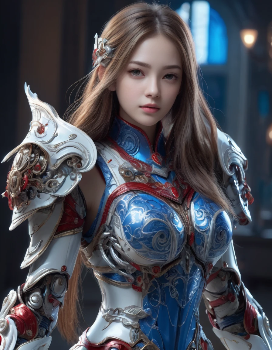 front_view, masterpiece, best quality, Realistic, original photo, (1 girl, looking at viewer), long hair, Machine White Plate, Complex armor, Delicate blue filigree, intricate filaments, red metal parts, Details, dynamic poses, Detailed Background, Dynamic lighting,