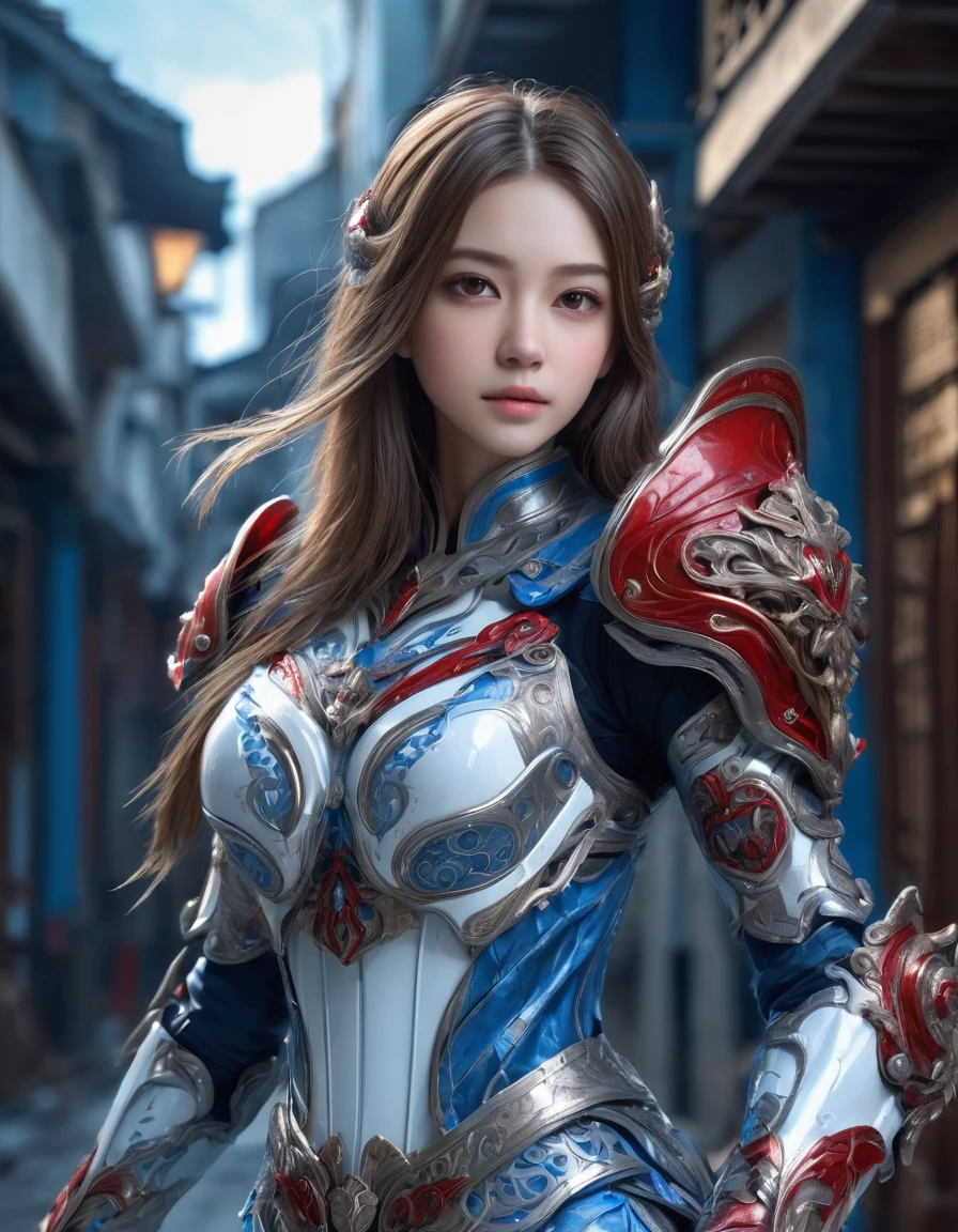 front_view, masterpiece, best quality, Realistic, original photo, (1 girl, looking at viewer), long hair, Machine White Plate, Complex armor, Delicate blue filigree, intricate filaments, red metal parts, Details, dynamic poses, Detailed Background, Dynamic lighting,