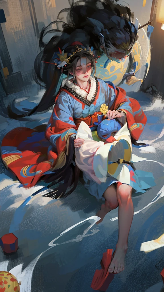 Highest quality, Pixiv, Black Hair, hair ornaments, kimono, hair flower, flower, kimono, mask, One girl, Sitting, Long Hair, with own hands, View your viewers, 6+boy, pray, multiple boy, Flower pattern print, Wide sleeves, chiaroscuro, cinematic lighting, (masterpiece:1.2), UHD, high details, best quality, highres, 8k