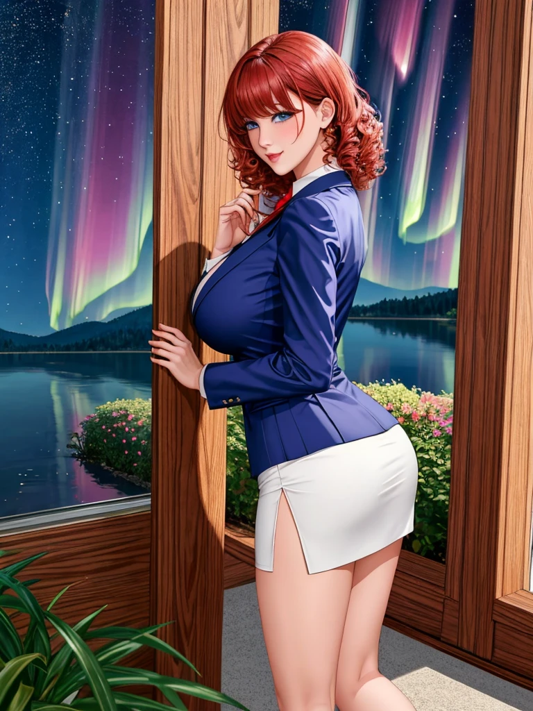 office lady, sexy lady, high homosexual, wear suit, wear short skirt, BIG ASS, big breast, red hair, slanted bangs, natural curly hair, big breasts, blushing, fun / be happy, glittering eyes, high resolution, Masterpiece, Anatomically correct, precise, qualityที่ดีที่สุด, details, โมเดลhigh resolution, detailsสูง, quality, detailsมาก, high resolutionสุด, realistic textures, blue eyes, lady walk on flower garden, aurora and stars background, tree pine background, lake background, shadow on  floor, 