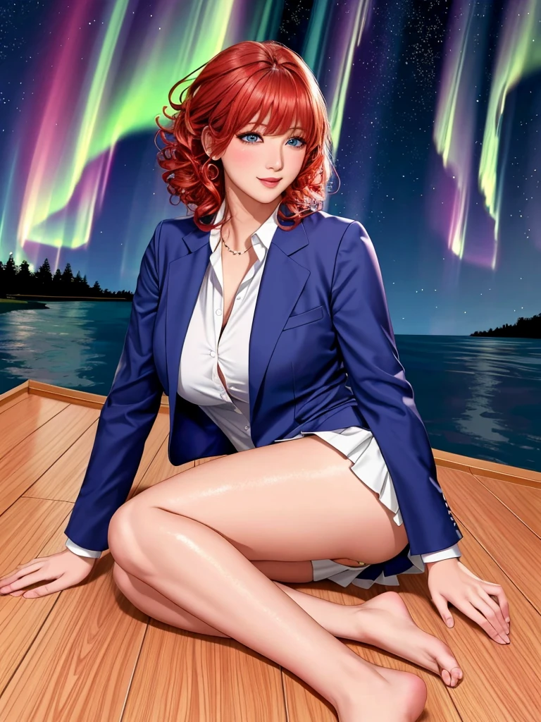 office lady, sexy lady, high homosexual, wear suit, wear white shirt, wear short skirt, BIG ASS, big breast, red hair, slanted bangs, natural curly hair, big breasts, blushing, fun / be happy, glittering eyes, high resolution, Masterpiece, Anatomically correct, precise, qualityที่ดีที่สุด, details, โมเดลhigh resolution, detailsสูง, quality, detailsมาก, high resolutionสุด, realistic textures, blue eyes, lady walk on flower garden, aurora and stars background, tree pine background, lake background, shadow on  floor, 