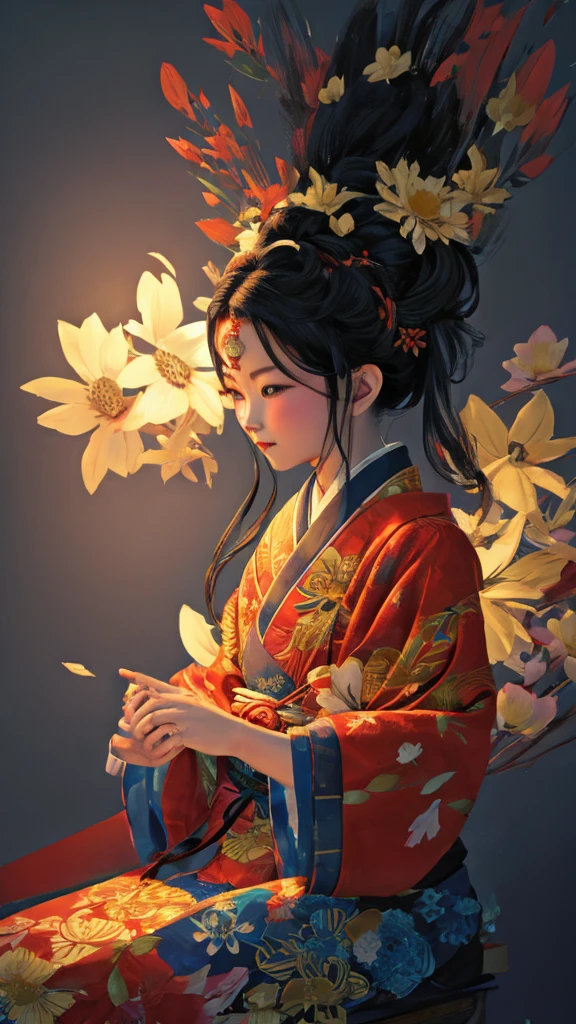 de la máxima calidad, pixiv, pelo negro, adornos para el cabello, kimono, hair flor, flor, kimono, mascarilla, Una chica, Sesión, pelo largo, con sus propias manos, Ver a tus espectadores, 6+chico, orar, multiple chico, Estampado de flores., mangas anchas, chiaroscuro, iluminación cinematográfica, (obra maestra:1.2), HD, detalles altos, mejor calidad, alta resolución, 8K