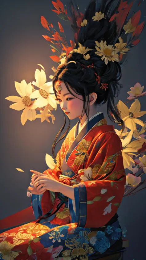 Highest quality, Pixiv, Black Hair, hair ornaments, kimono, hair flower, flower, kimono, mask, One girl, Sitting, Long Hair, wit...