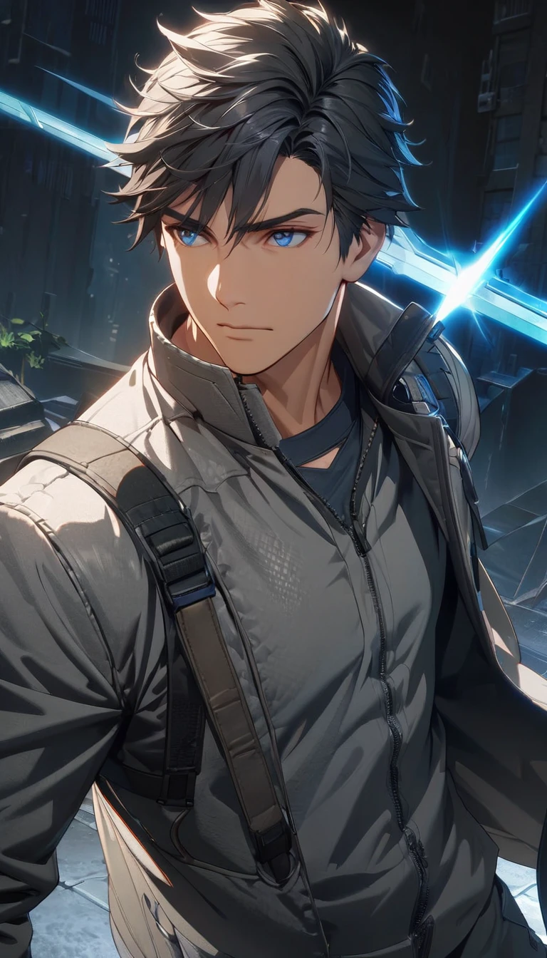 1.5, best quality, high quality, High definition, High quality texture, high detail, beautiful detailed, finely detailed, extremely detailed cg, detailed texture, 1man, boy, male, ((true hero)), chrome hair, short hair, resolute, lighting emanating from body, ((grey jacket)), swordsman, modern, bright blue eyes, protector