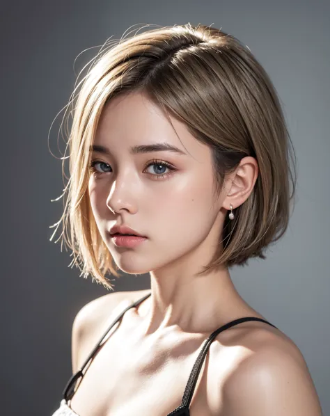 (raw photo, best quality, masterpiece: 1.5), (photorealistic:2), best lighting, 20 years old, (light gray hair, short bob cut, h...