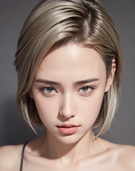 (raw photo, best quality, masterpiece: 1.5), (photorealistic:2), best lighting, 20 years old, (light gray hair, short bob cut, h...