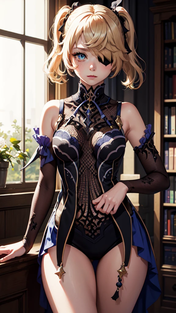 Young blonde girl in a library, black eye patch, twin small ponytails,
BREAK (masterpiece:1.2), best quality, high resolution, unity 8k wallpaper, (illustration:0.8), (beautiful detailed eyes:1.6), extremely detailed face, perfect lighting, extremely detailed CG, (perfect hands, perfect anatomy),black eye patch.