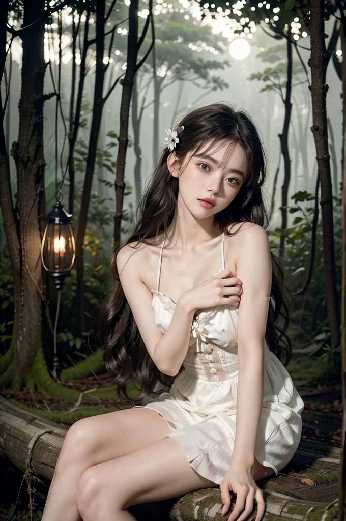 lolita1,dress,flower, (Night), a beautiful girl sitting on a fallen tree in a moonlit forest, her chest partially visible, leaning back with her elbows supporting her body, 1girl, detailed face, moonlight, atmospheric lighting, detailed environment, lush forest, dramatic lighting, cinematic, moody, fantasy