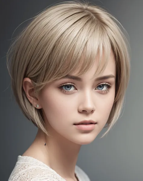 (raw photo, best quality, masterpiece: 1.5), (photorealistic:2), best lighting, 20 years old, (light gray hair, short bob cut, h...