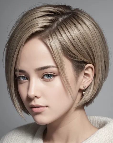 (raw photo, best quality, masterpiece: 1.5), (photorealistic:2), best lighting, 20 years old, (light gray hair, short bob cut, h...