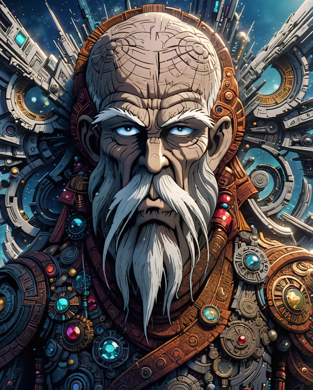 An old man with long beard, sci-fi universe, impeccable accurate, 3D Texture, Cinematic, Photoshoot, Shot on 25mm lens, Depth of Field, insanely detailed and intricate, hyper maximalist, elegant, beautiful, James Clyne art, Joseph Cross art, creative, smooth 