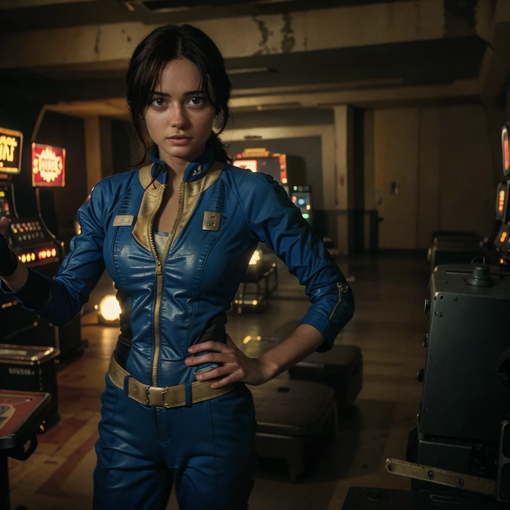 (One person). Fallout TV series. Inside a dimly lit large room in a post-apocalyptic (casino) in Las Vegas. Vaultsuit Lucy, an 18-year-old vault dweller wearing a blue and gold vaultsuit, her black hair disheveled, clutching a large gun in a dimly lit, post-apocalyptic casino. Cinematic. realistic colors, realistic, photorealistic. EllaPurnell1