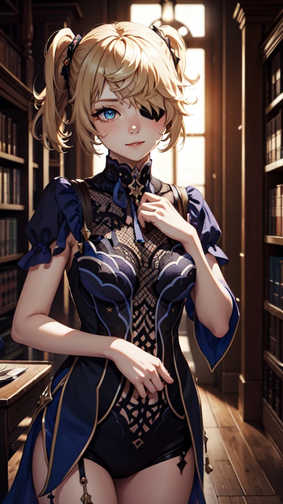 Young blonde girl in a library, black eye patch, twin small ponytails,
BREAK (masterpiece:1.2), best quality, high resolution, unity 8k wallpaper, (illustration:0.8), (beautiful detailed eyes:1.6), extremely detailed face, perfect lighting, extremely detailed CG, (perfect hands, perfect anatomy), joyful, laughing, Happy.