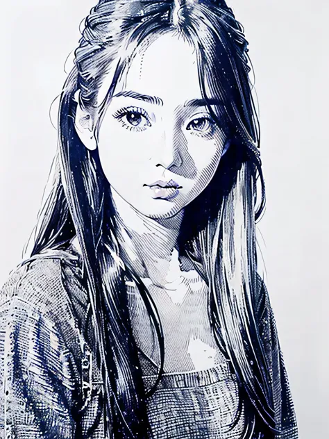 ((ballpoint pen drawing, best quality, super detailed 1:2, realistic photo)), portrait of one beautiful girl, solo, long hair, s...