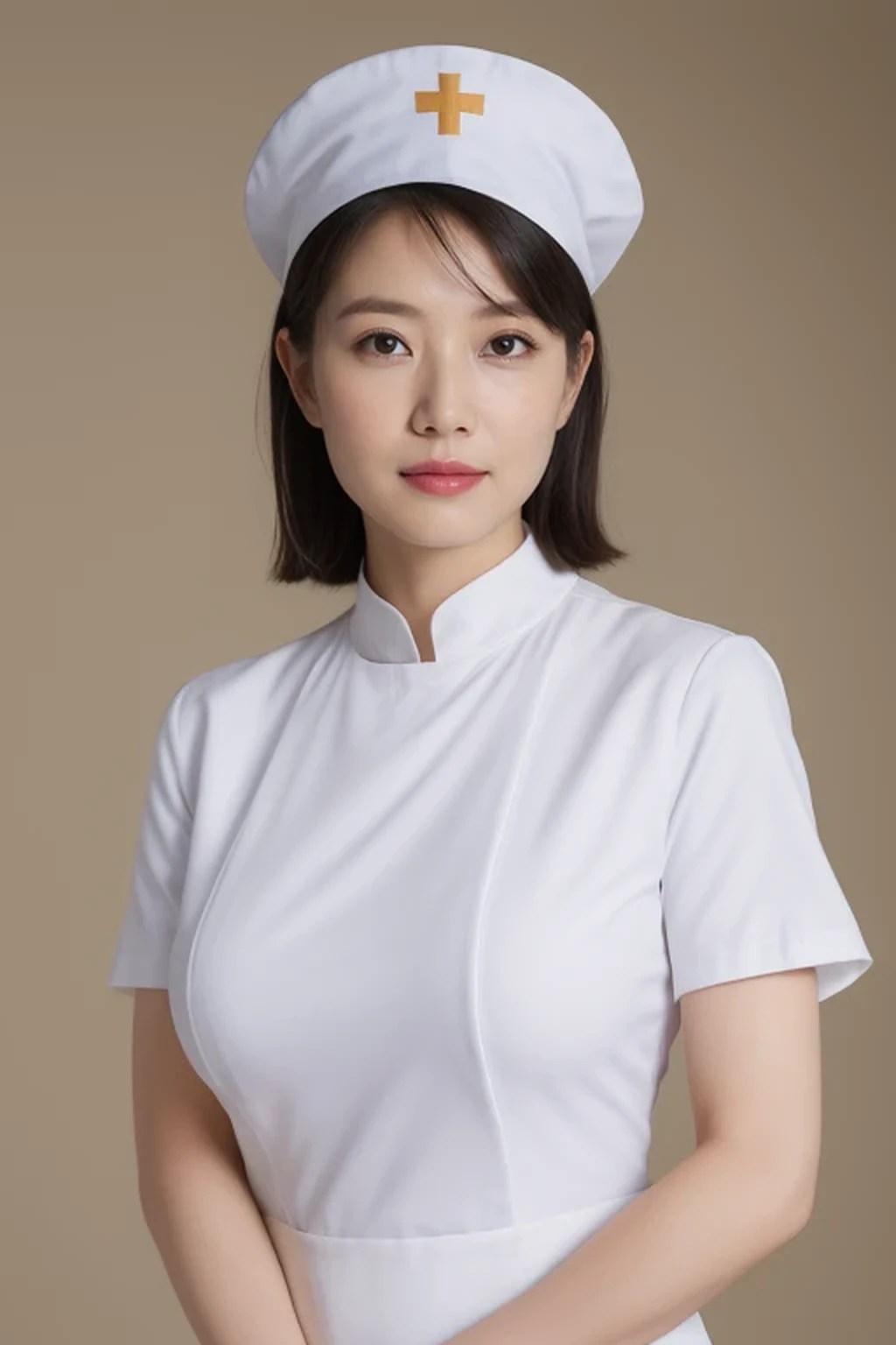 (8k, best quality, masterpiece, golden ratio composition,:1.3), full body, (huge breasts:1.2), (beautiful Japanese mature woman), A woman in her 40s, shirt cut hair, (wearing white Nurse's uniform, Nurse's cap :1.2),