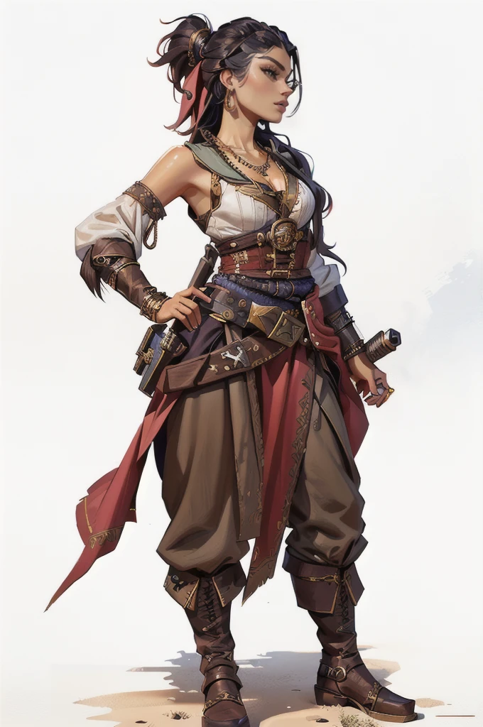 a woman based on Zendaya in a pirate outfit, pirate woman, swashbuckler class pirate, fantasy d&d character, rpg character art, rpg concept art character, epic exquisite character art, detailed facial features, detailed eyes, detailed lips, detailed face, long eyelashes, intricate pirate outfit, jewelry, accessories, dramatic lighting, cinematic framing, vibrant colors, highly detailed, masterpiece, 8k, photorealistic, digital painting, concept art