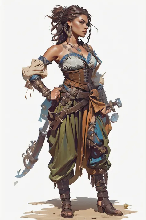 a woman based on Zendaya in a pirate outfit, pirate woman, swashbuckler class pirate, fantasy d&d character, rpg character art, ...