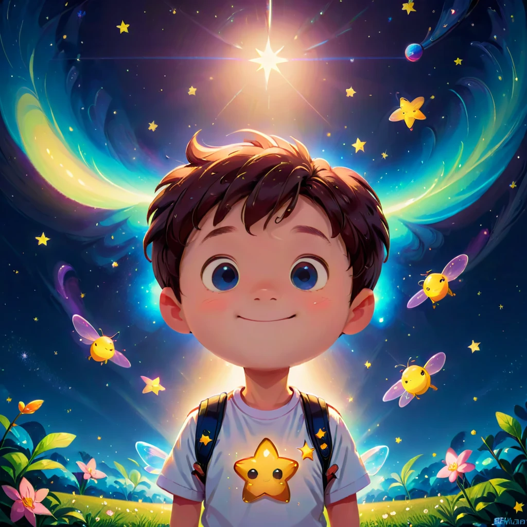 best quality, masterpiece, Ultra-high resolution, Clean facial features, Flat design, Wide-angle lens, Facing the audience, (a boy), Solitary, (A faint smile), Cute white t-shirt, Kawaii, firefly, cure, zhihu, Star, Glow in the Dark