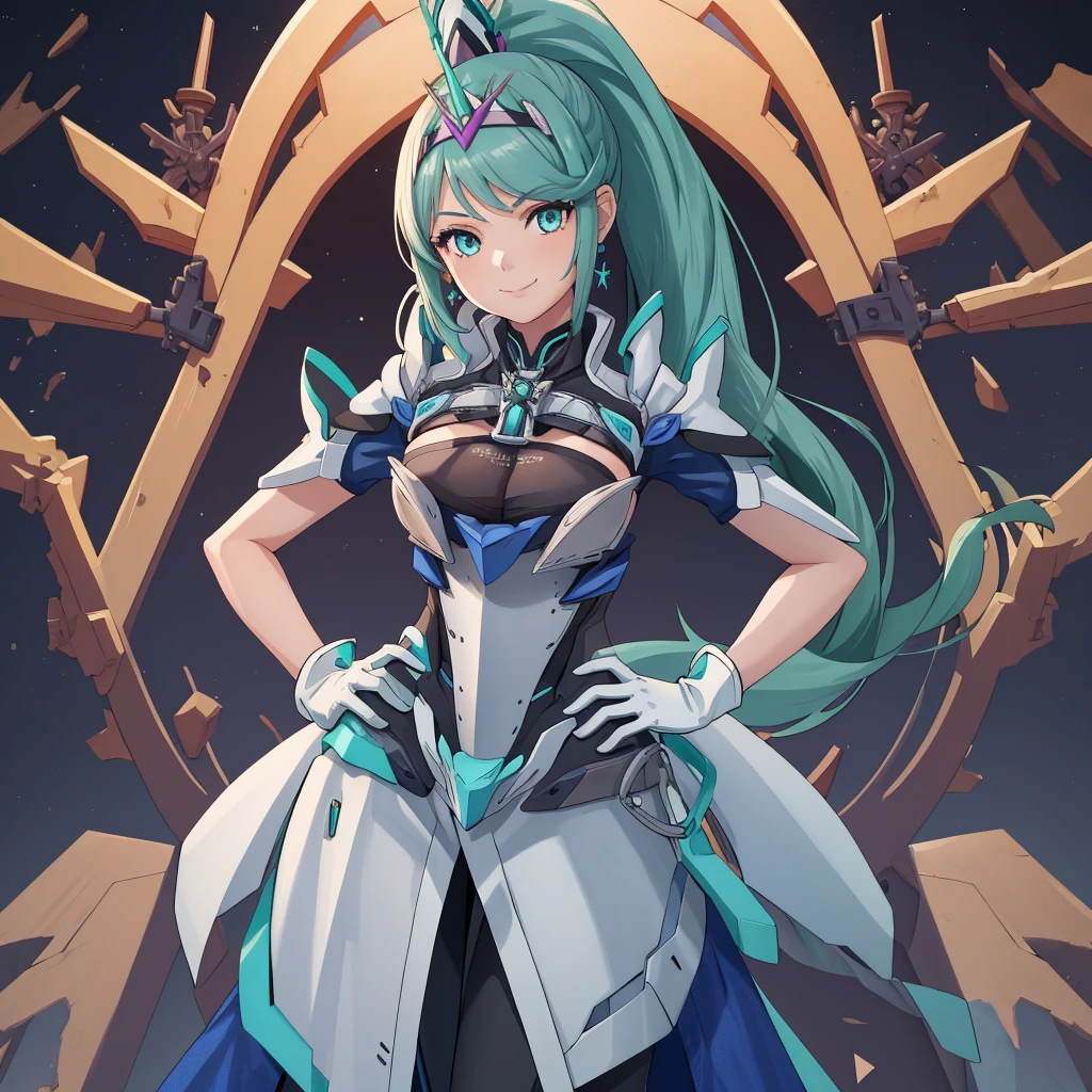 masterpiece, Highest quality, One girl, alone, Pneumadef, ponytail, tiara, Earrings, Chest jewels, armor, gloves, Hands on hips, View your viewers, smile